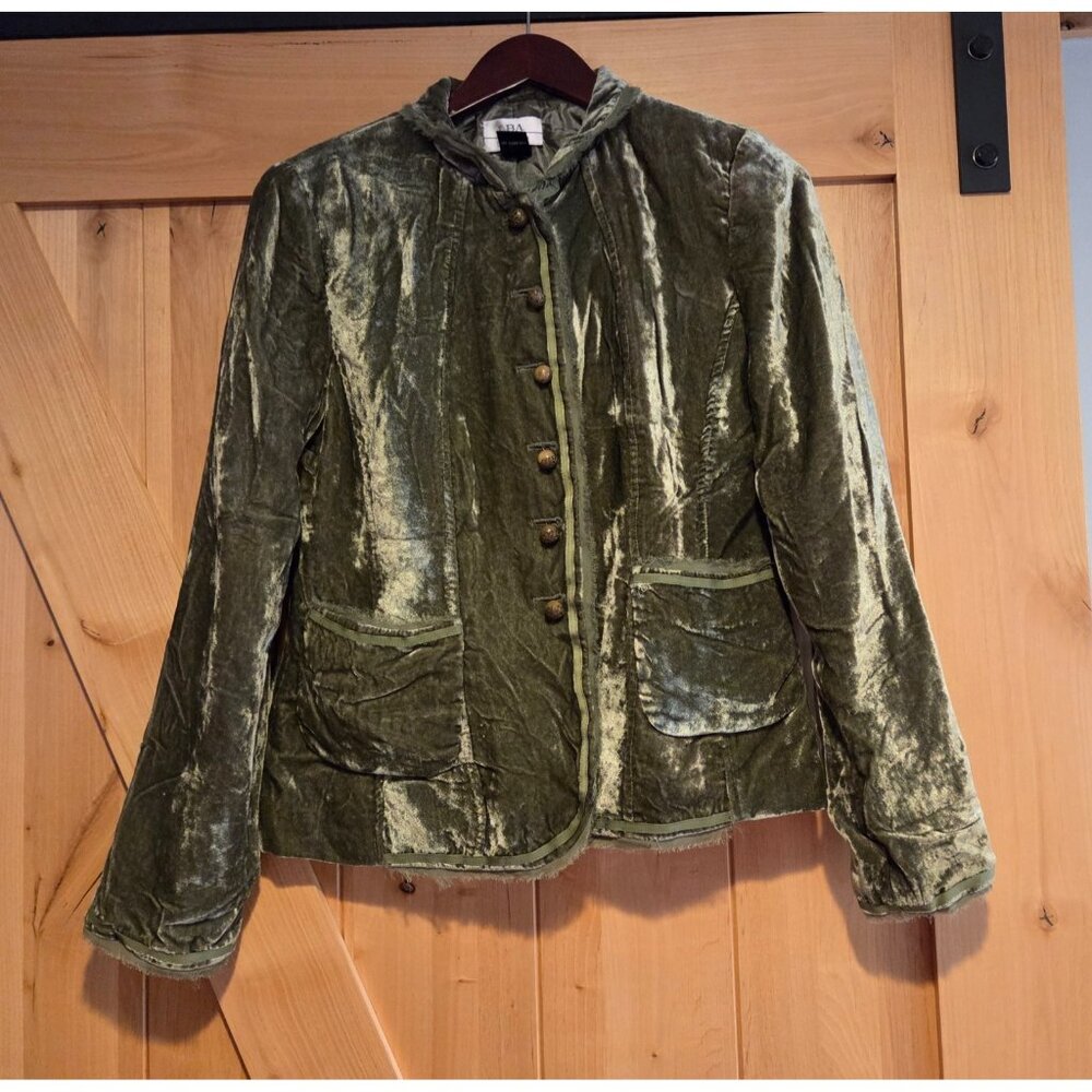 Vintage Y2K LBA Studio Green Crushed Velvet Blazer Jacket Artsy Sz 4 Fringe